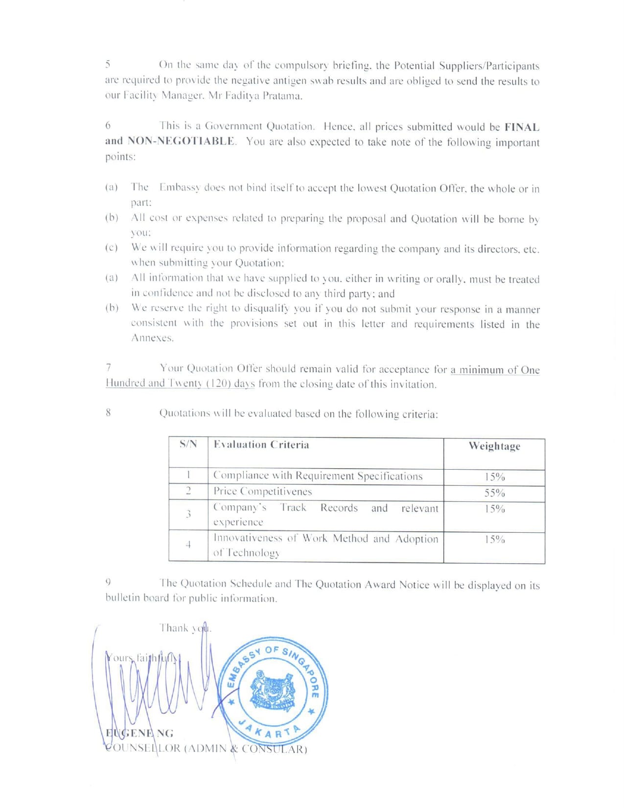 Document with text, table showing quotation evaluation criteria, and Embassy of Singapore seal.